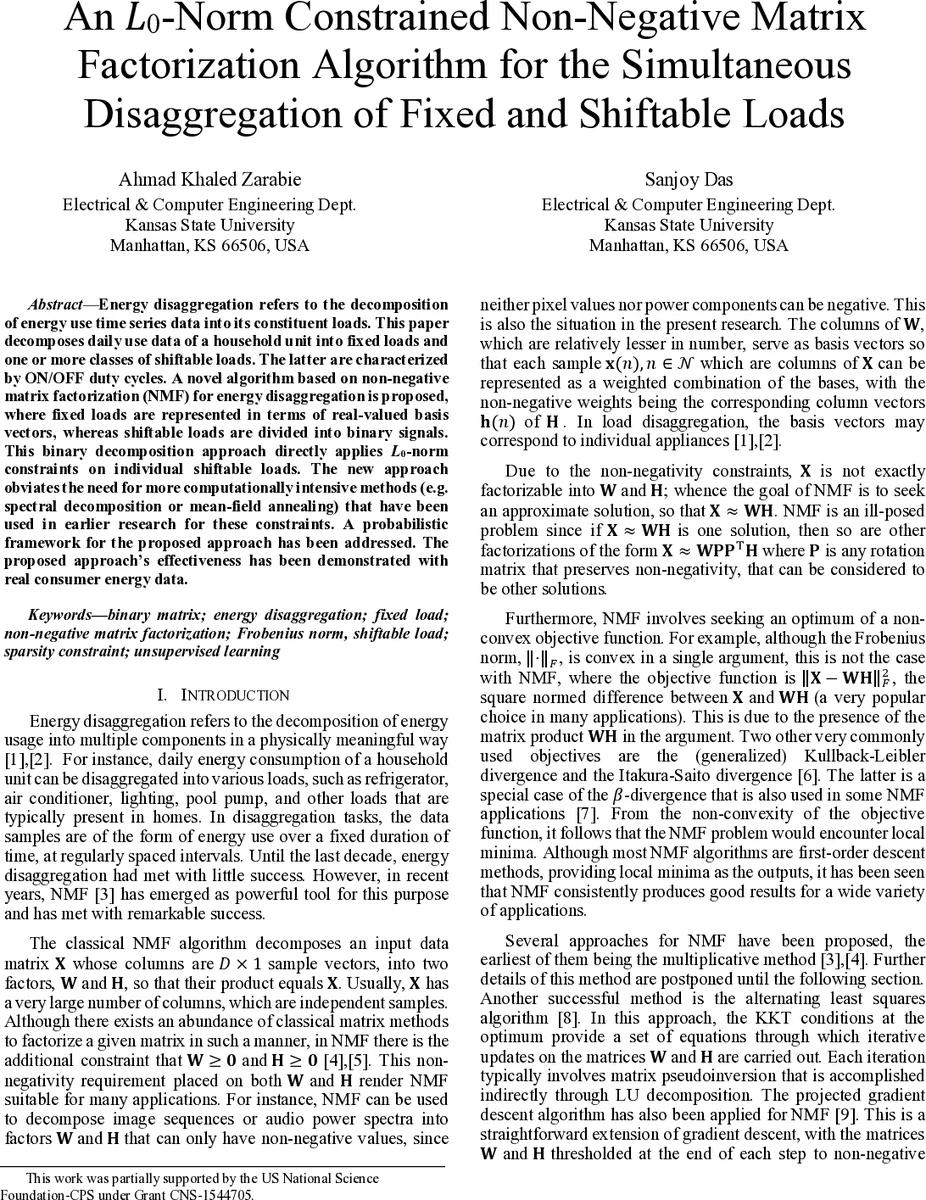 An L0-Norm Constrained Non-Negative Matrix Factorization Algorithm for   the Simultaneous Disaggregation of Fixed and Shiftable Loads