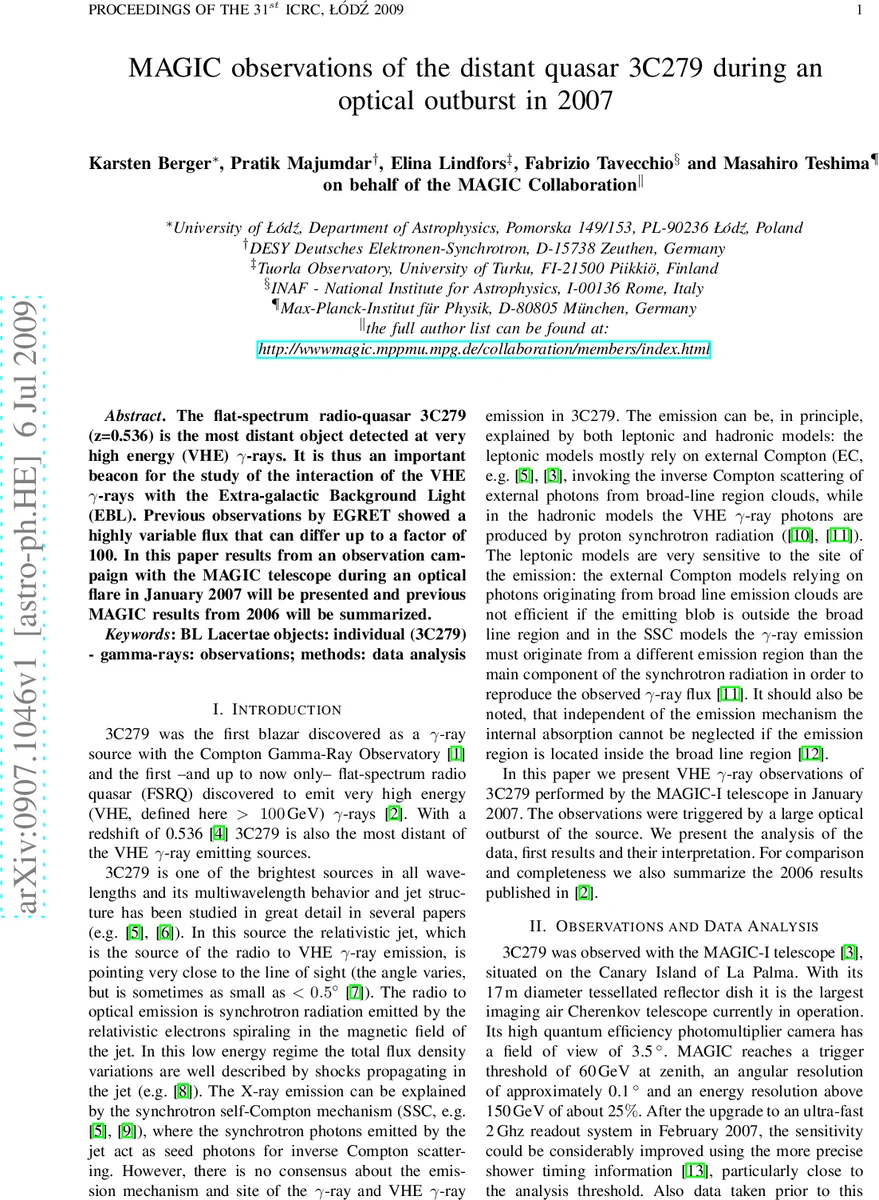 MAGIC observations of the distant quasar 3C279 during an optical   outburst in 2007