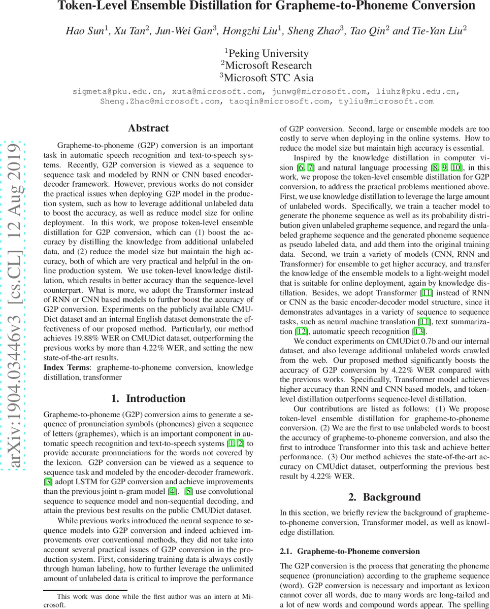 Token-Level Ensemble Distillation for Grapheme-to-Phoneme Conversion