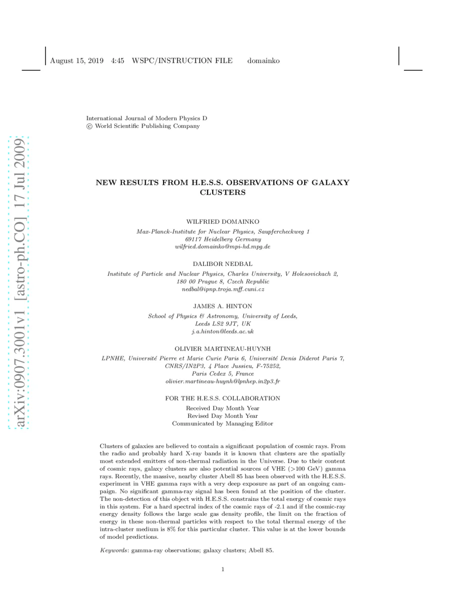 New results from H.E.S.S. observations of galaxy clusters