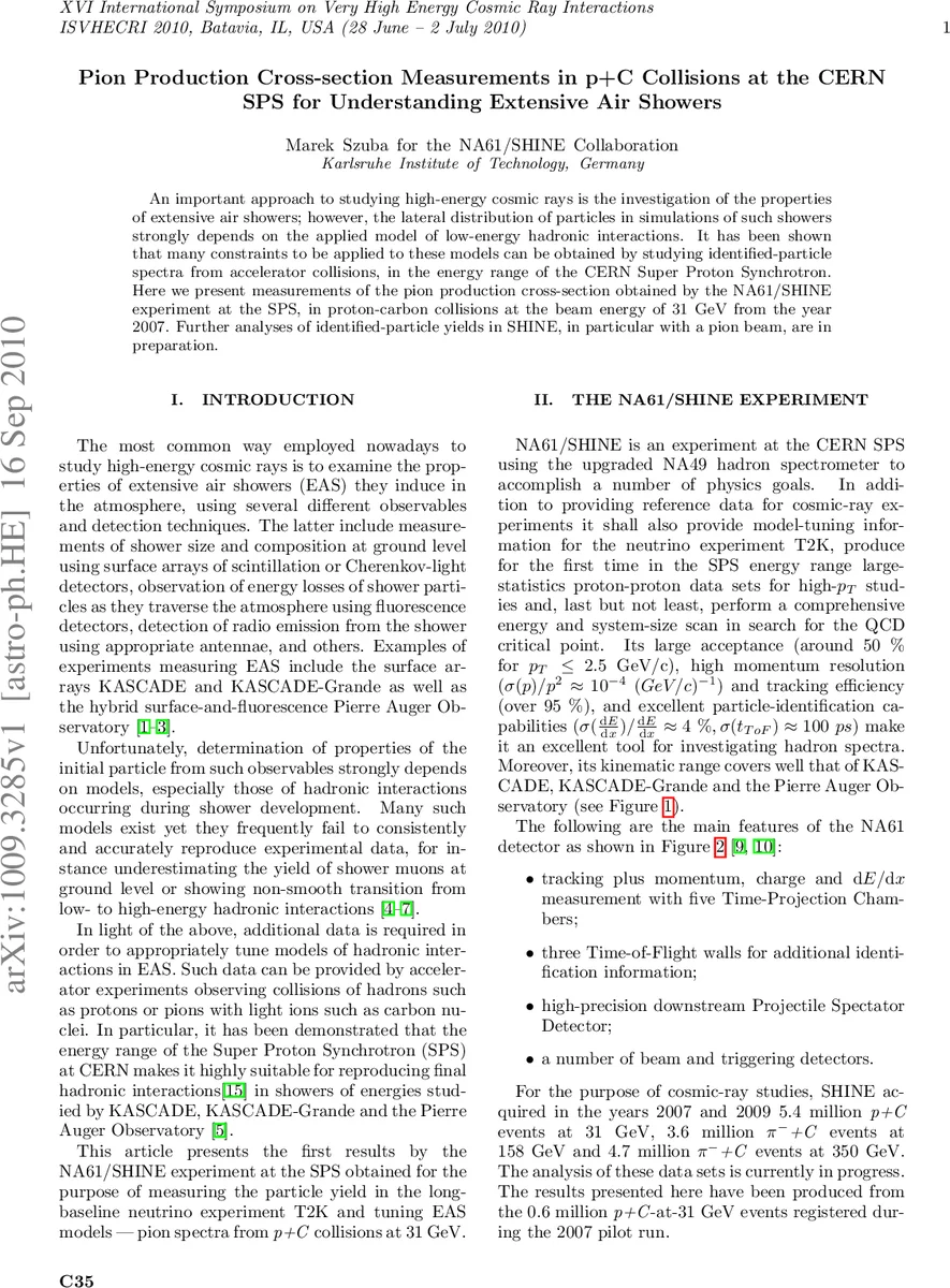 Pion Production Cross-section Measurements in p+C Collisions at the CERN   SPS for Understanding Extensive Air Showers