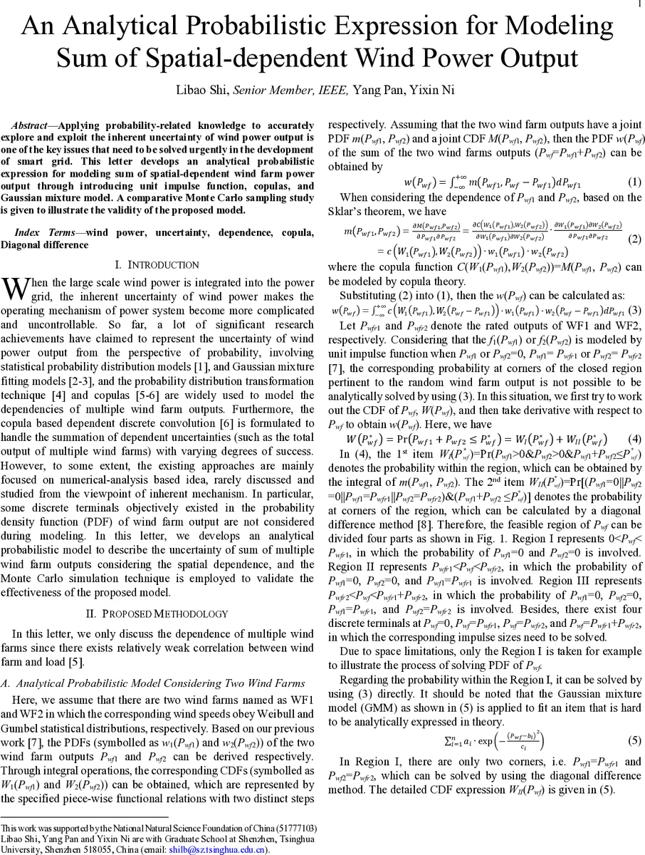 An Analytical Probabilistic Expression for Modeling Sum of   Spatial-dependent Wind Power Output