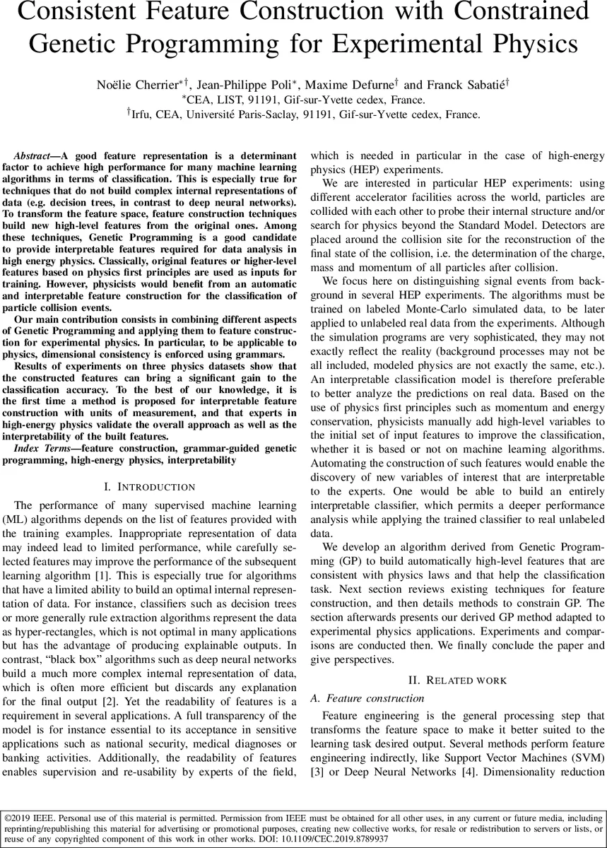 Consistent Feature Construction with Constrained Genetic Programming for   Experimental Physics
