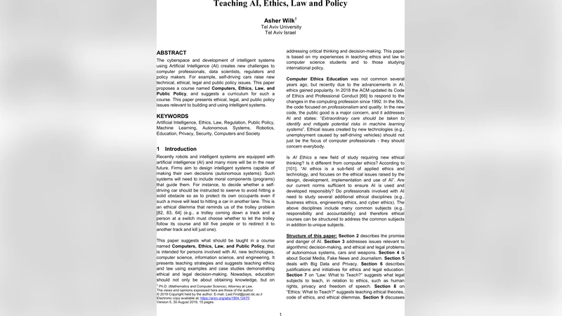 Teaching AI, Ethics, Law and Policy