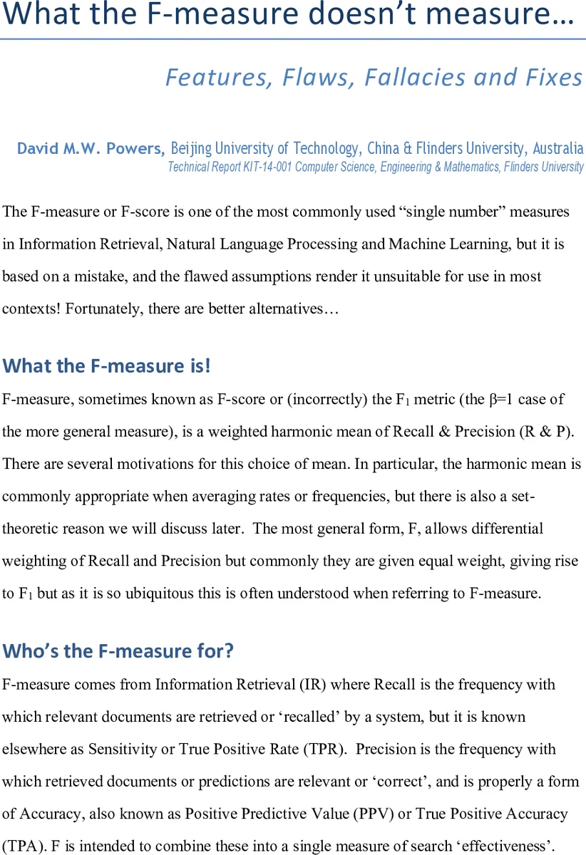 What the F-measure doesnt measure: Features, Flaws, Fallacies and Fixes