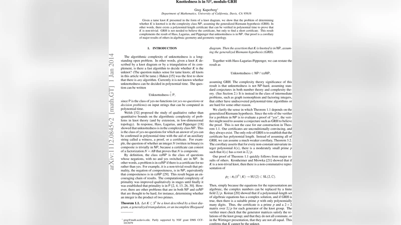 Knottedness is in NP, modulo GRH