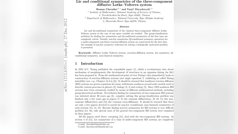 Lie and conditional symmetries of the three-component diffusive Lotka -   Volterra system