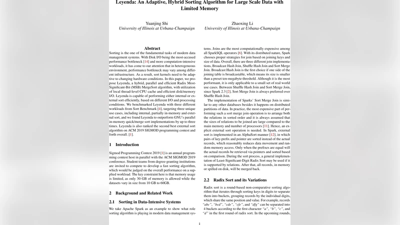 Leyenda: An Adaptive, Hybrid Sorting Algorithm for Large Scale Data with   Limited Memory