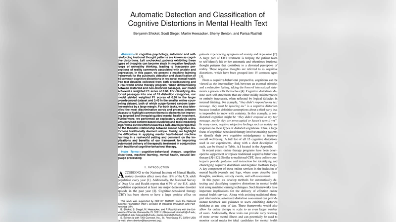 Automatic Detection and Classification of Cognitive Distortions in   Mental Health Text