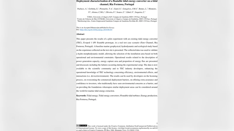 Deployment characterization of a floatable tidal energy converter on a   tidal channel, Ria Formosa, Portugal
