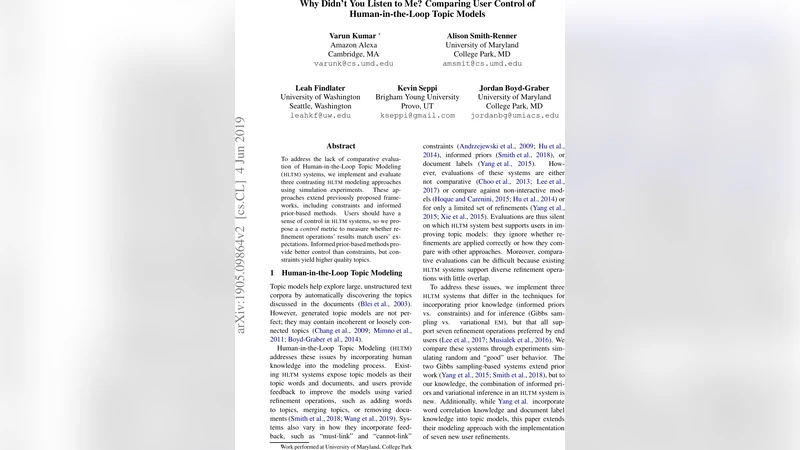 Why Didnt You Listen to Me? Comparing User Control of Human-in-the-Loop   Topic Models