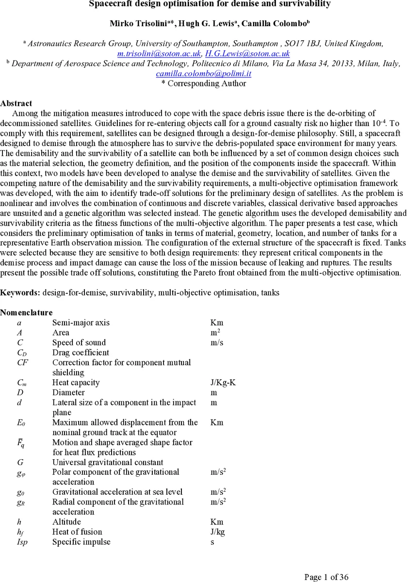 Spacecraft design optimisation for demise and survivability