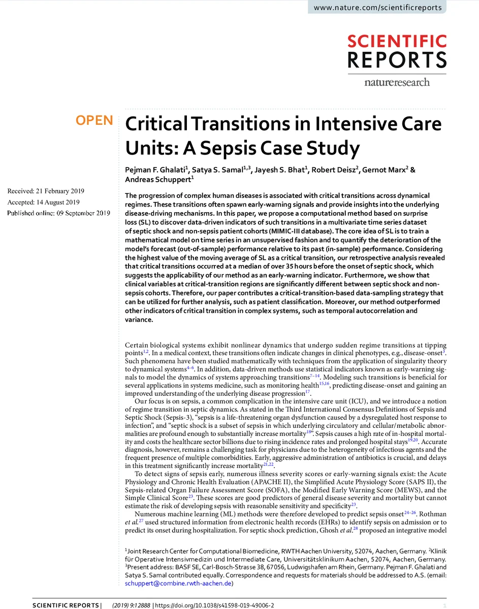 Critical Transitions in Intensive Care Units: A Sepsis Case Study