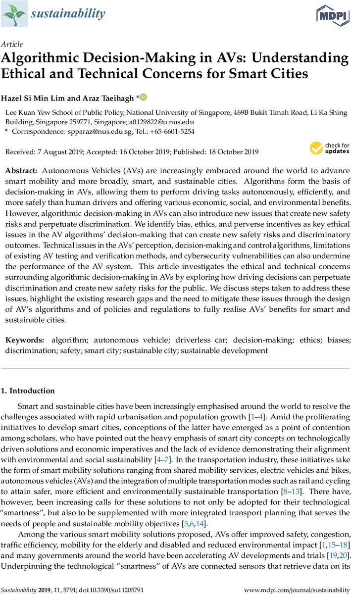 Algorithmic decision-making in AVs: Understanding ethical and technical   concerns for smart cities