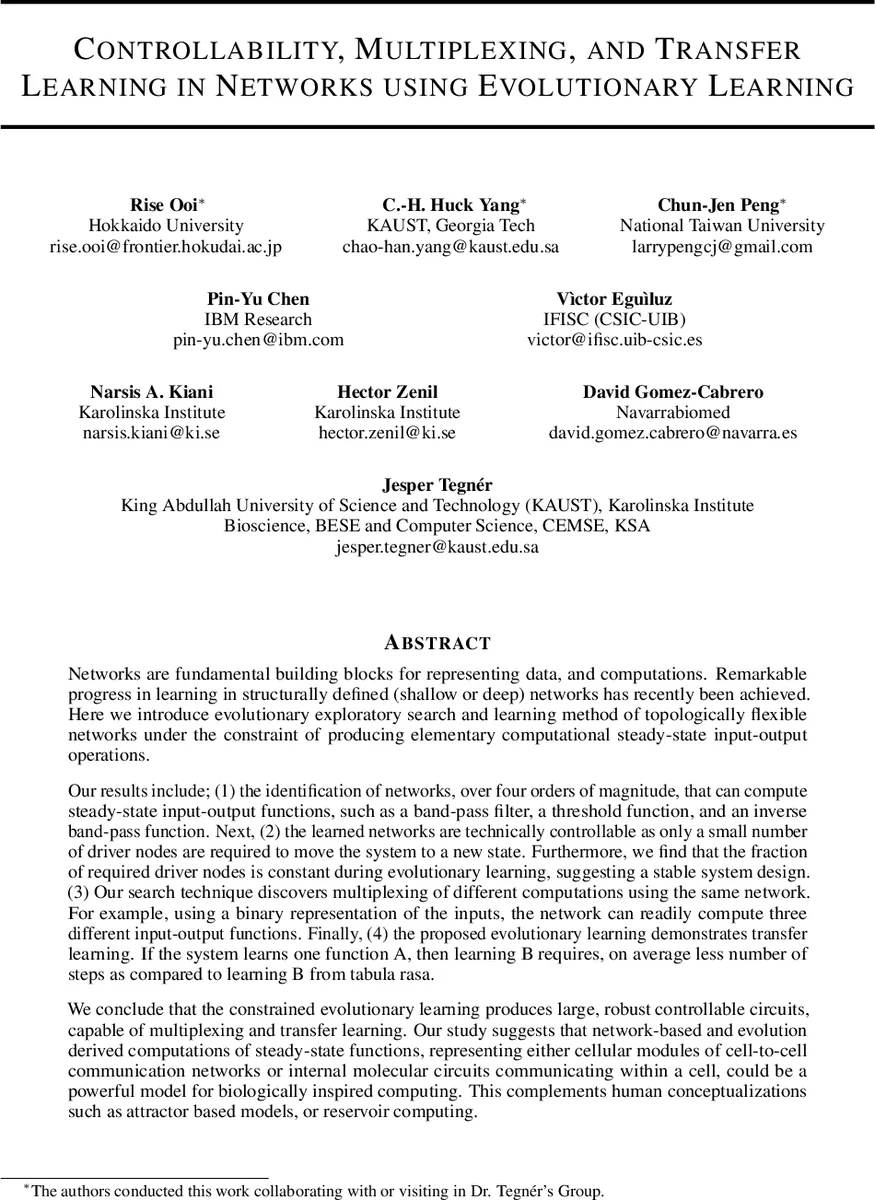 Controllability, Multiplexing, and Transfer Learning in Networks using   Evolutionary Learning