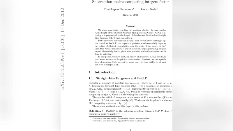 Subtraction makes computing integers faster
