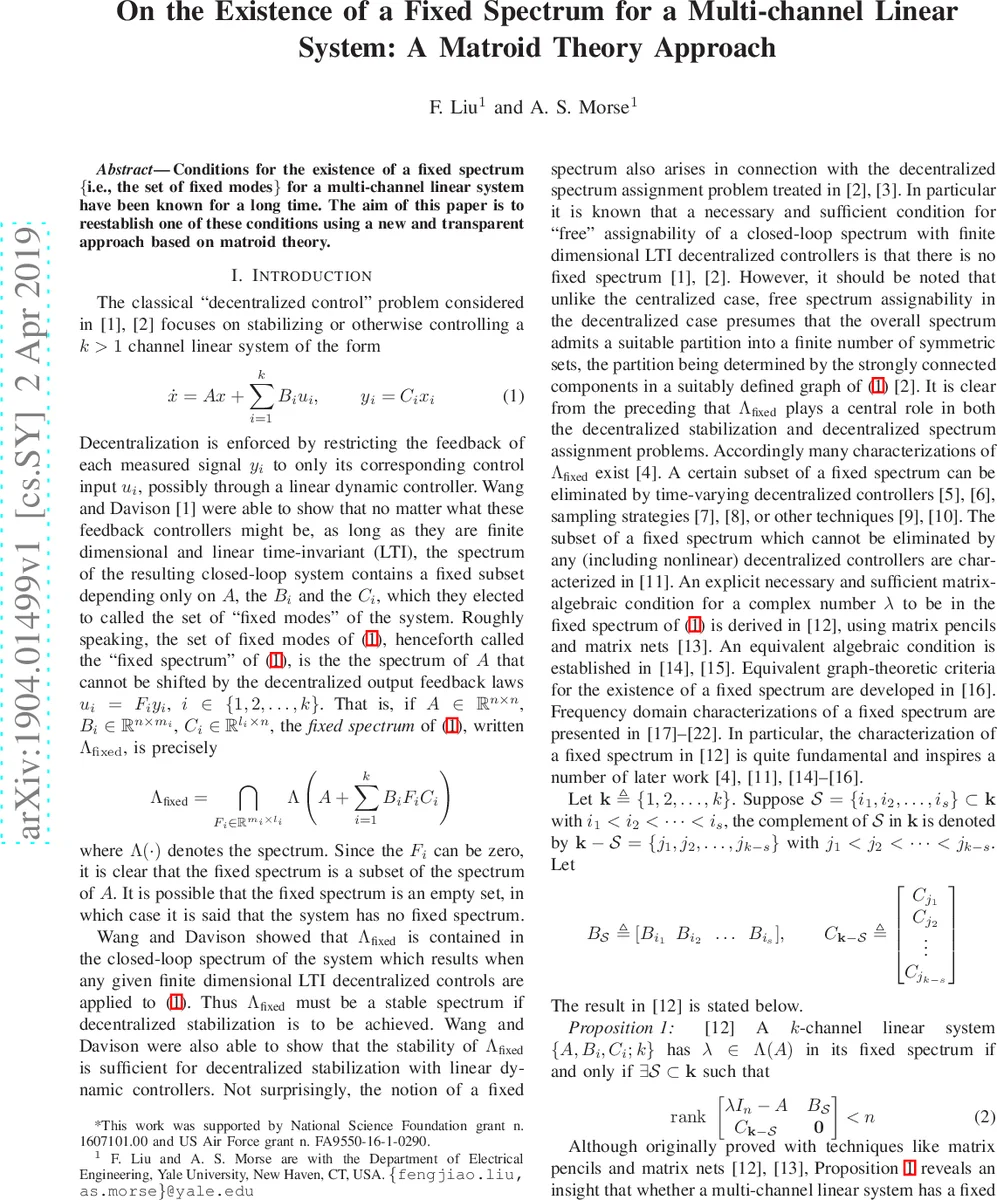 On the Existence of a Fixed Spectrum for a Multi-channel Linear System:   A Matroid Theory Approach
