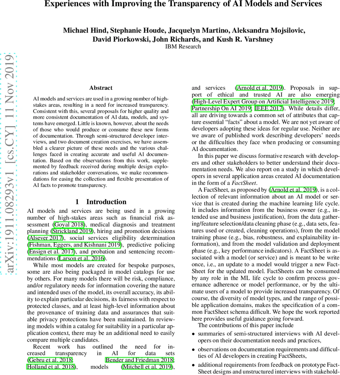 Experiences with Improving the Transparency of AI Models and Services