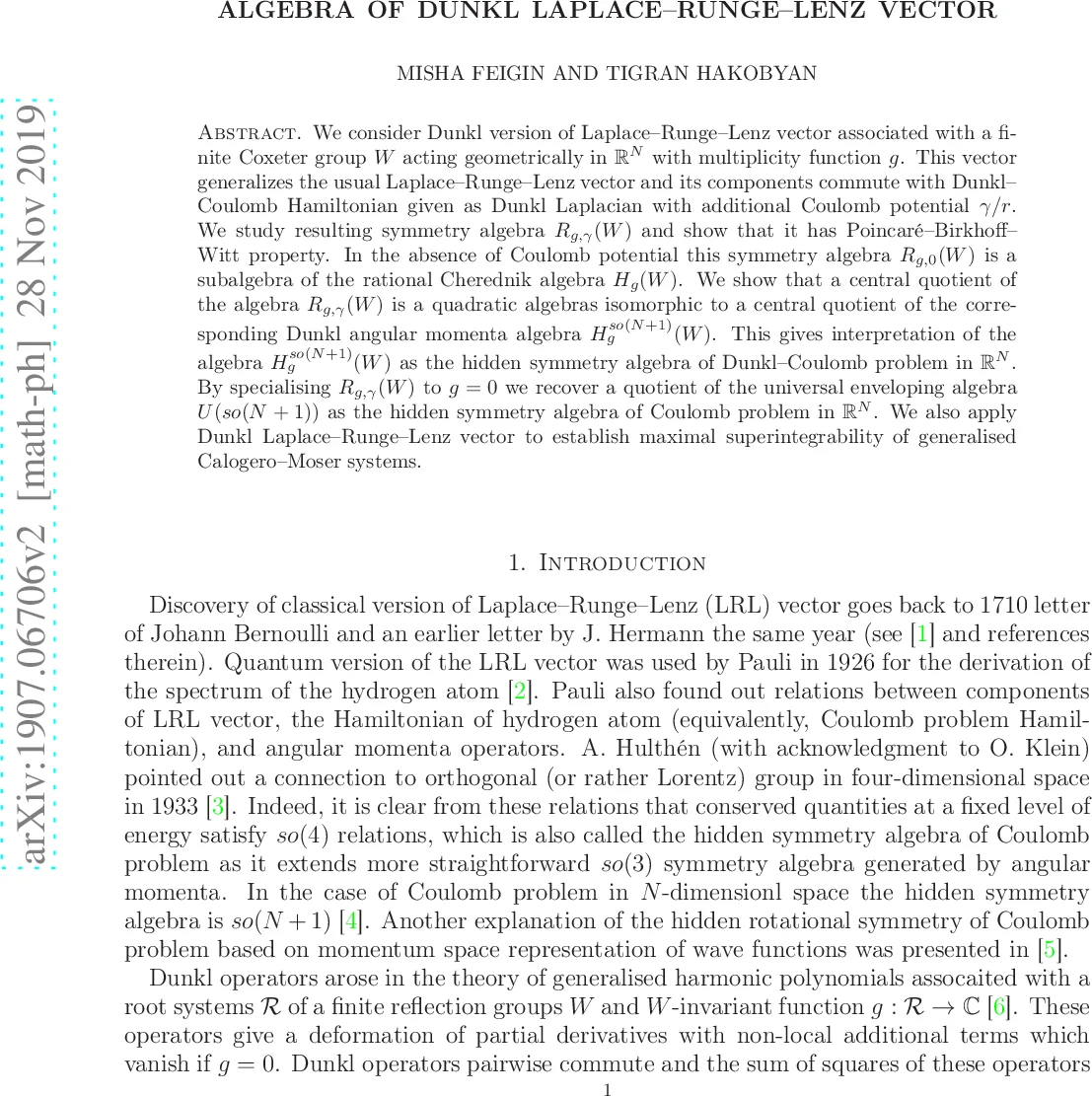 Algebra of Dunkl Laplace-Runge-Lenz vector