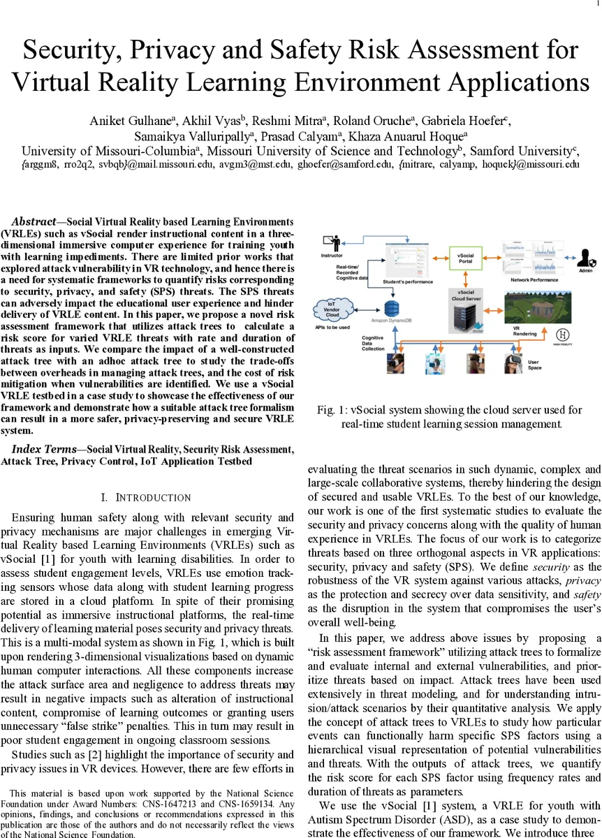 Security, Privacy and Safety Risk Assessment for Virtual Reality   Learning Environment Applications