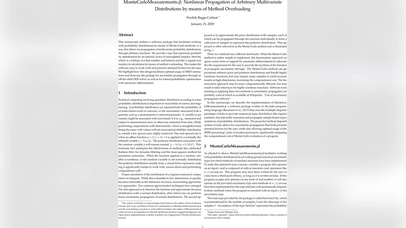 MonteCarloMeasurements.jl: Nonlinear Propagation of Arbitrary   Multivariate Distributions by means of Method Overloading