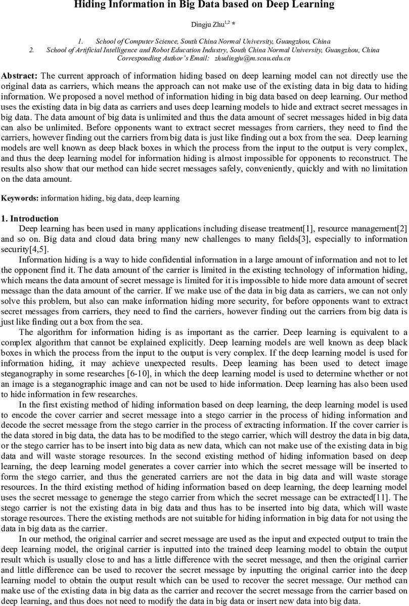 Hiding Information in Big Data based on Deep Learning