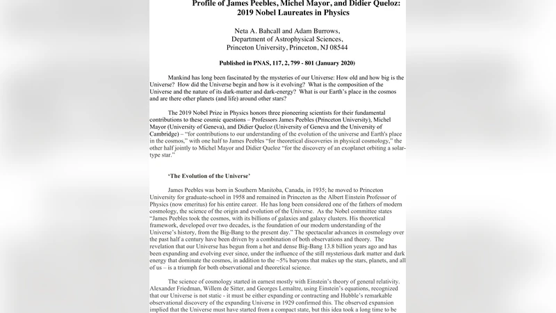 Profiles of James Peebles, Michel Mayor, and Didier Queloz: 2019 Nobel   Laureates in Physics