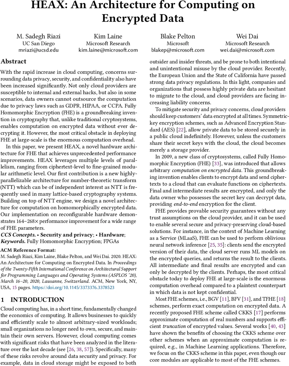 HEAX: An Architecture for Computing on Encrypted Data