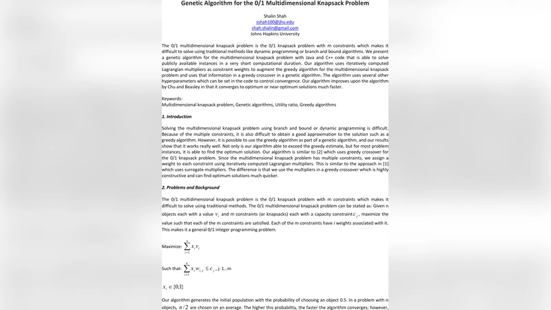 Genetic Algorithm for the 0/1 Multidimensional Knapsack Problem