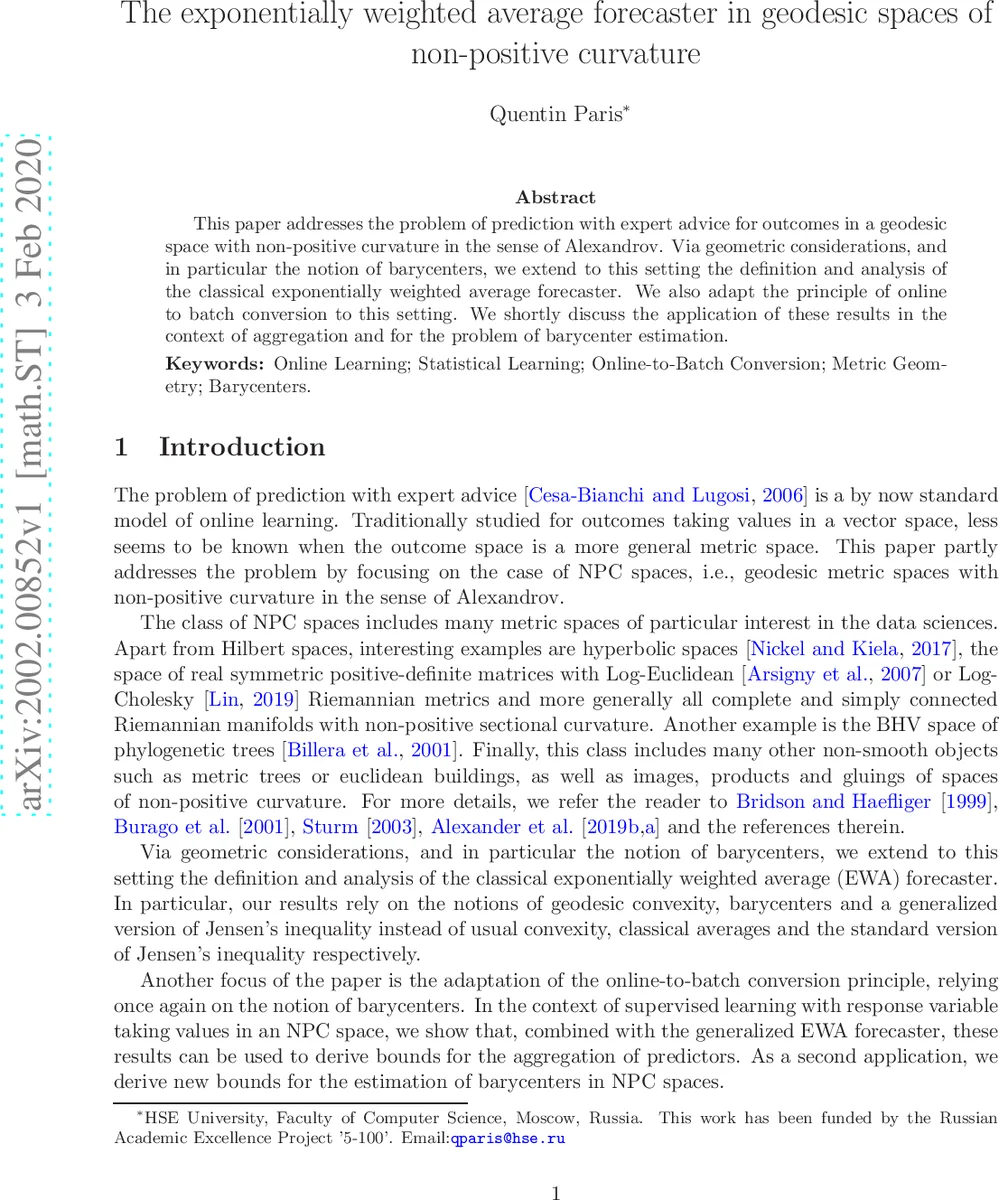 The exponentially weighted average forecaster in geodesic spaces of   non-positive curvature