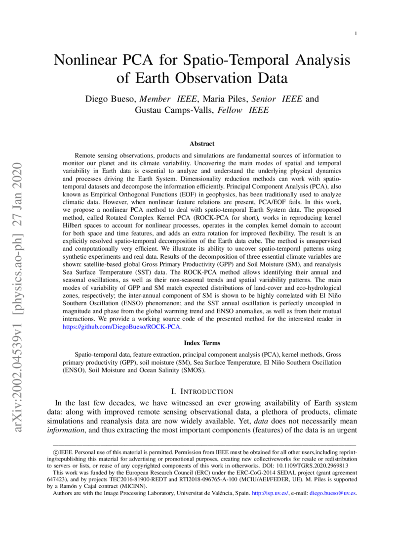 Nonlinear PCA for Spatio-Temporal Analysis of Earth Observation Data