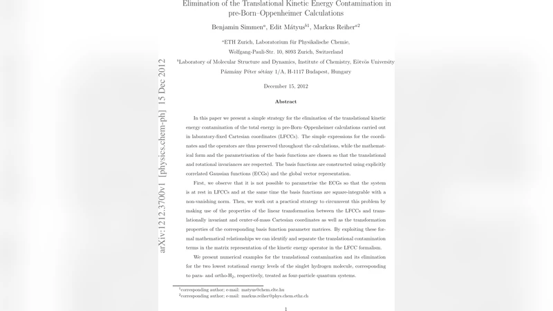 Elimination of the Translational Kinetic Energy Contamination in   pre-Born-Oppenheimer Calculations