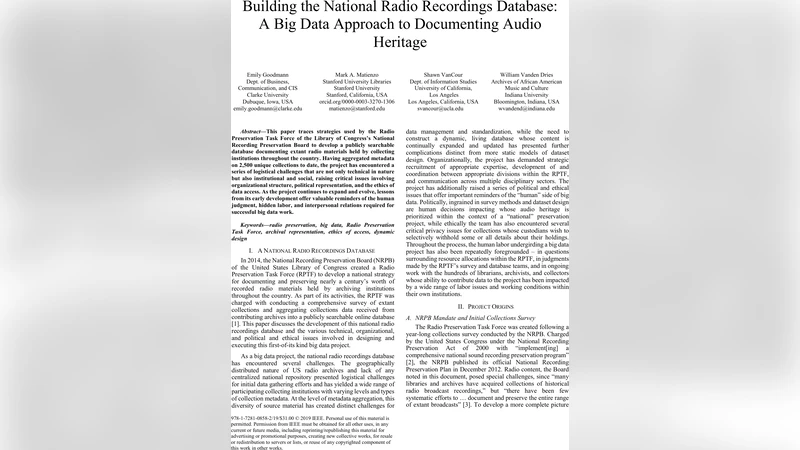 Building the National Radio Recordings Database: A Big Data Approach to   Documenting Audio Heritage