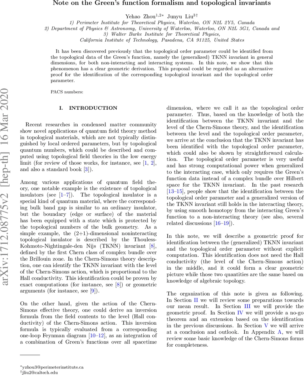 Note on Green Function Formalism and Topological Invariants