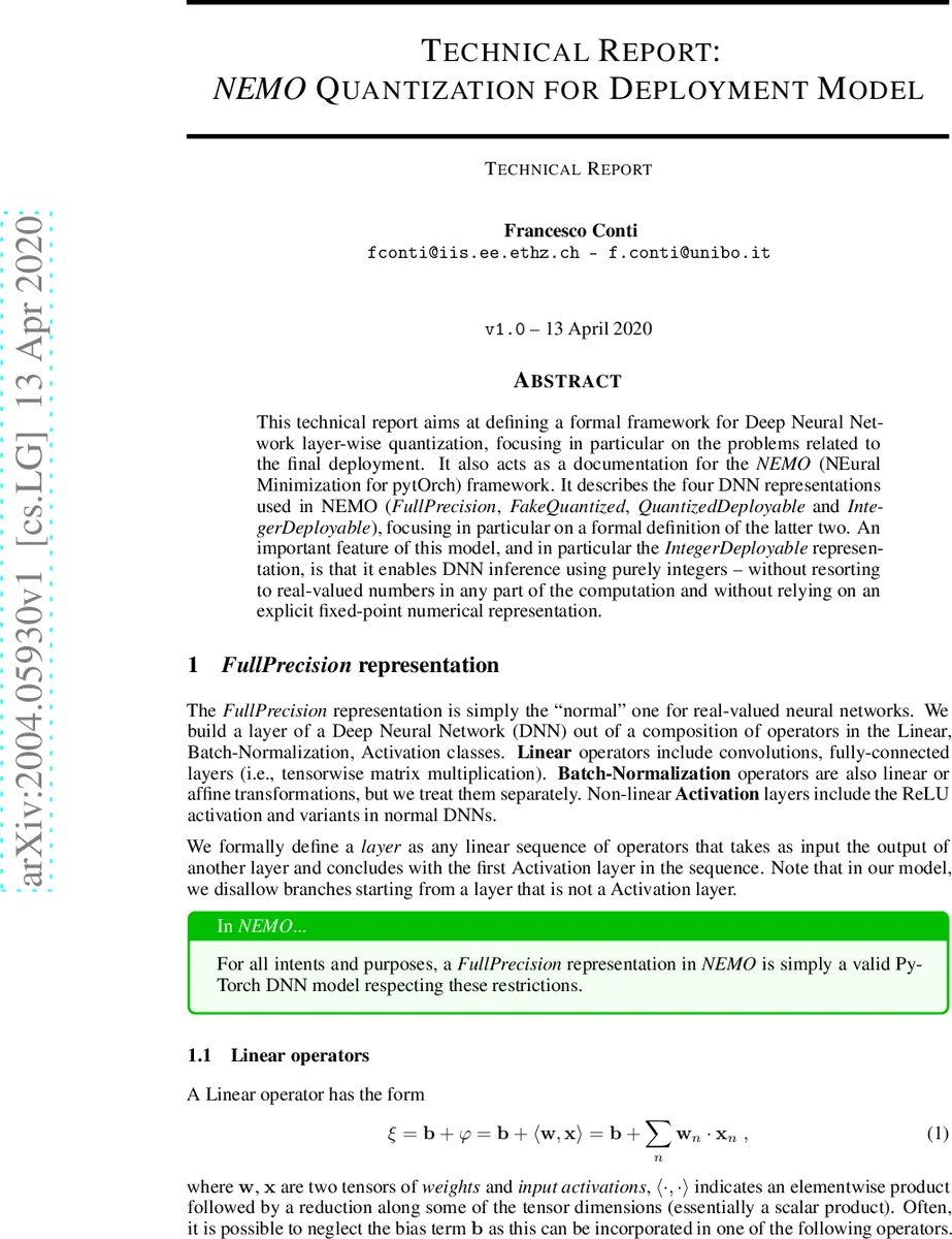 Technical Report: NEMO DNN Quantization for Deployment Model