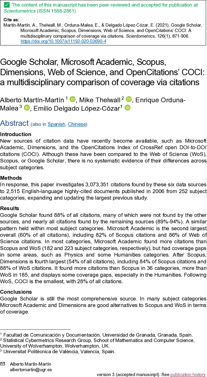 Google Scholar, Microsoft Academic, Scopus, Dimensions, Web of Science, and OpenCitations' COCI: a multidisciplinary comparison of coverage via citations