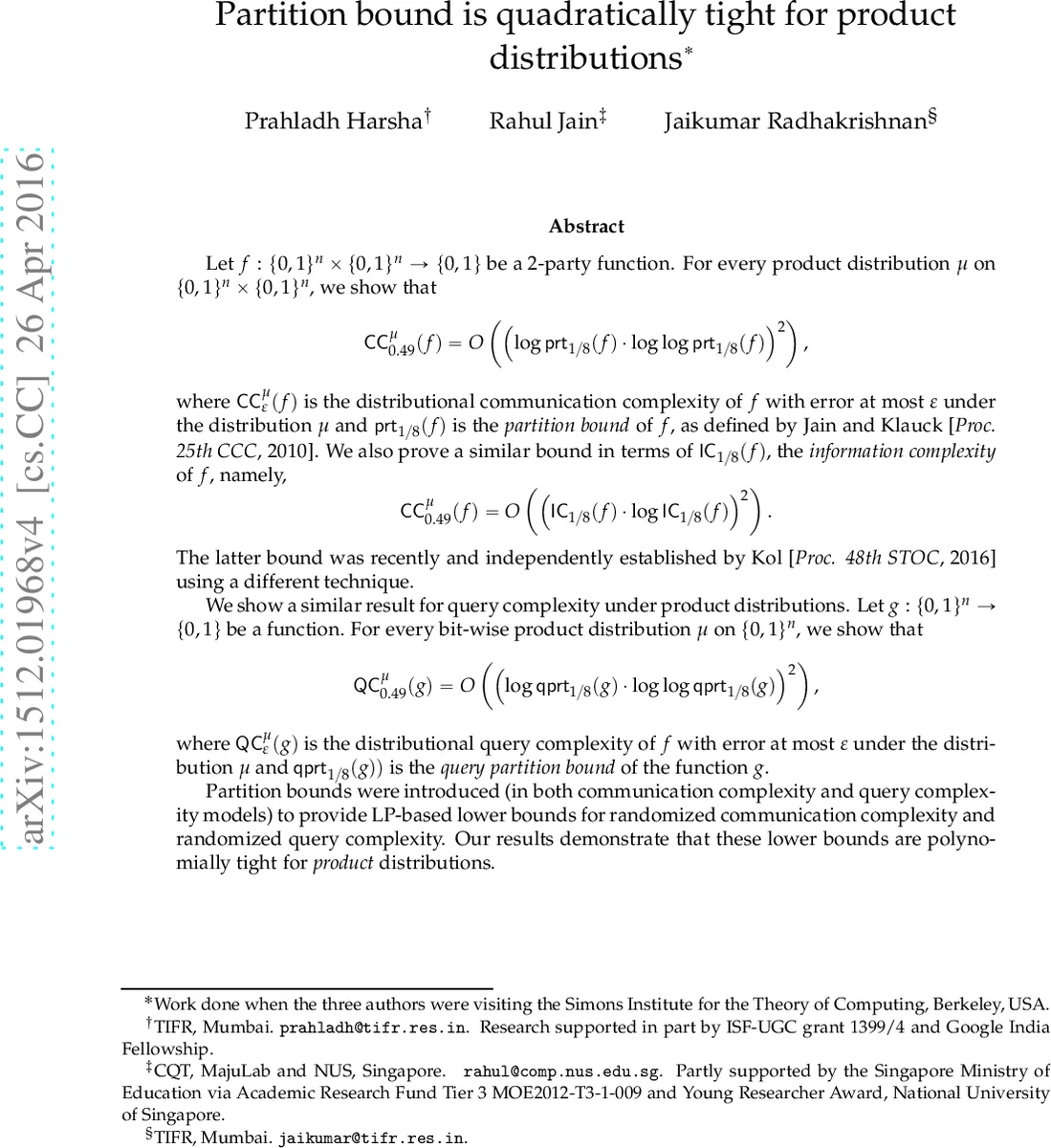Partition bound is quadratically tight for product distributions