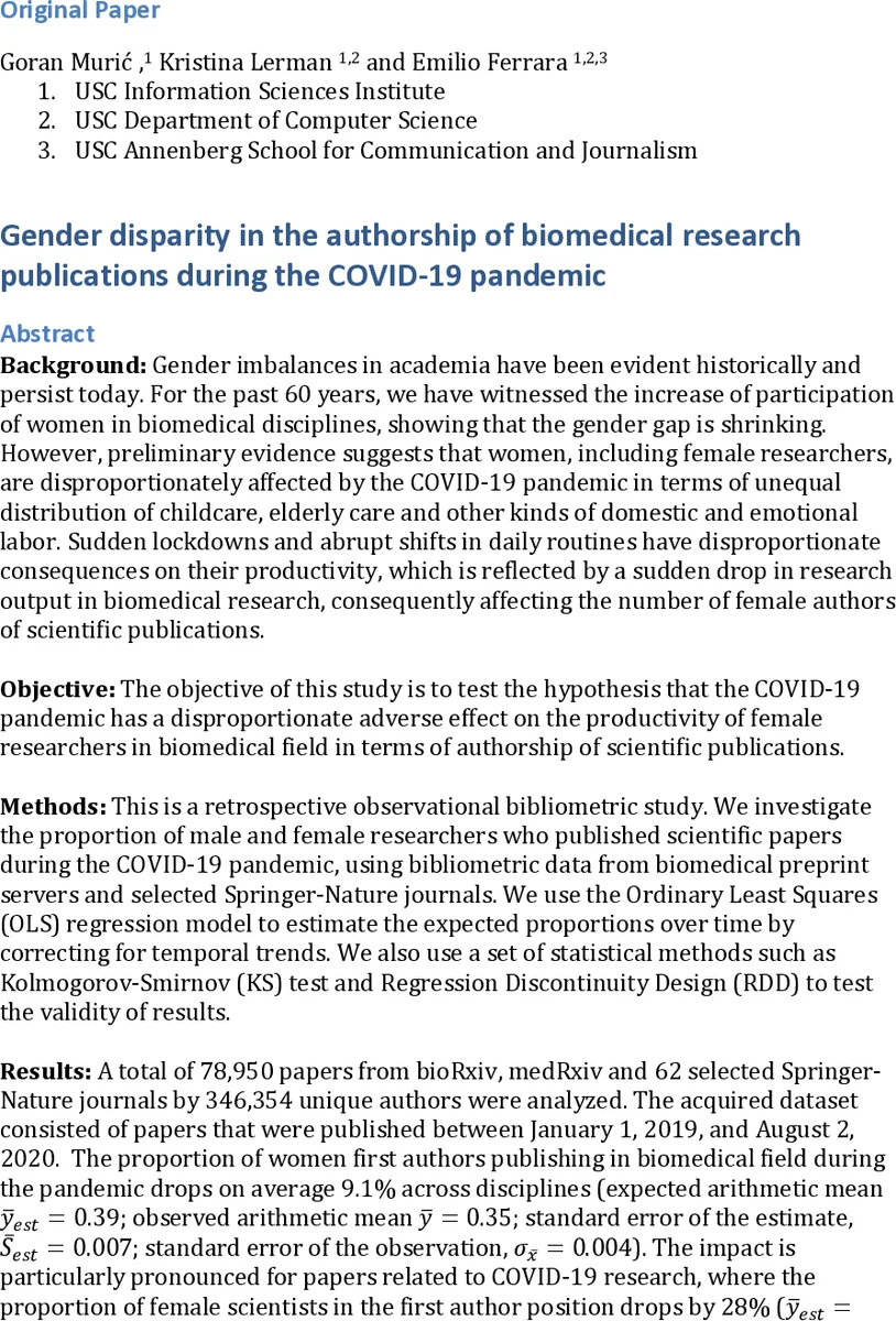 Gender disparity in the authorship of biomedical research publications during the COVID-19 pandemic