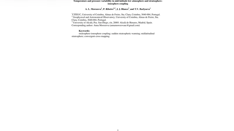 Temperature and pressure variability in mid-1 latitude low atmosphere   and stratosphere-ionosphere coupling