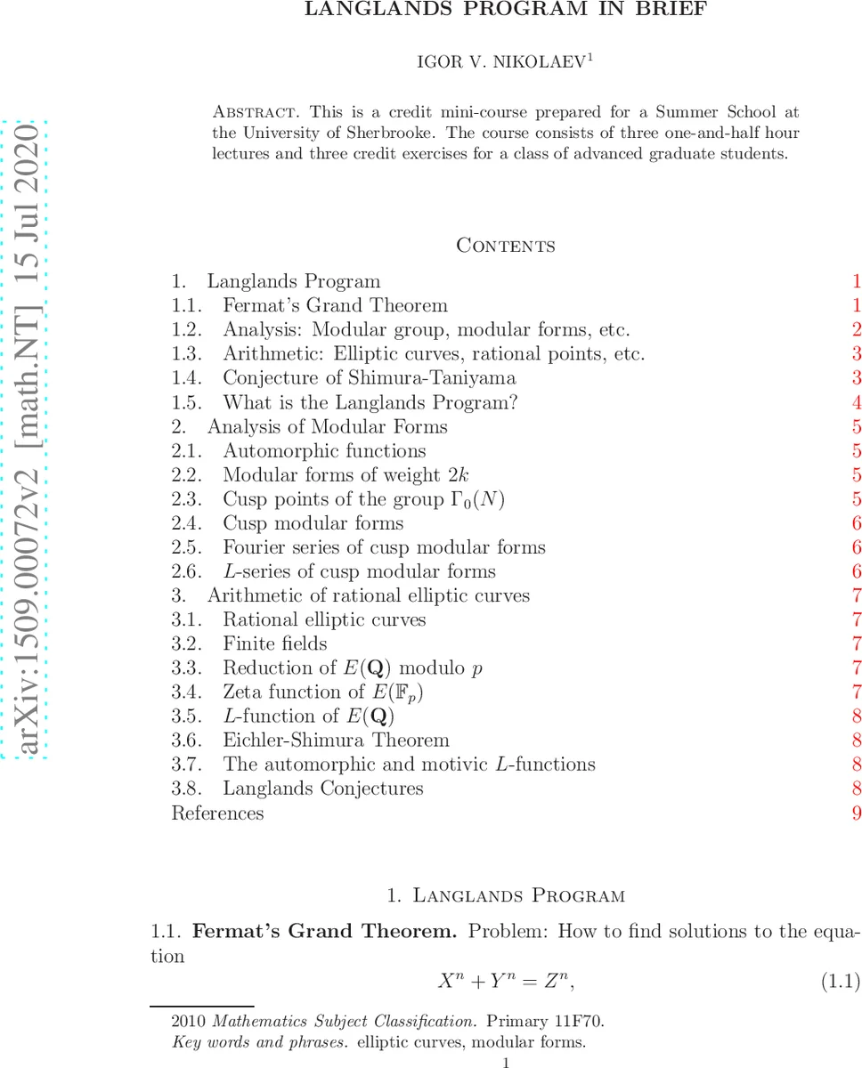 Programme de Langlands en bref