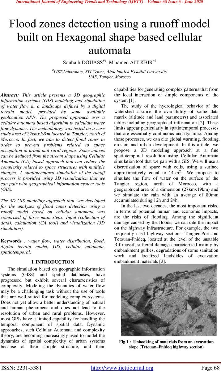 Flood zones detection using a runoff model built on Hexagonal shape based cellular automata