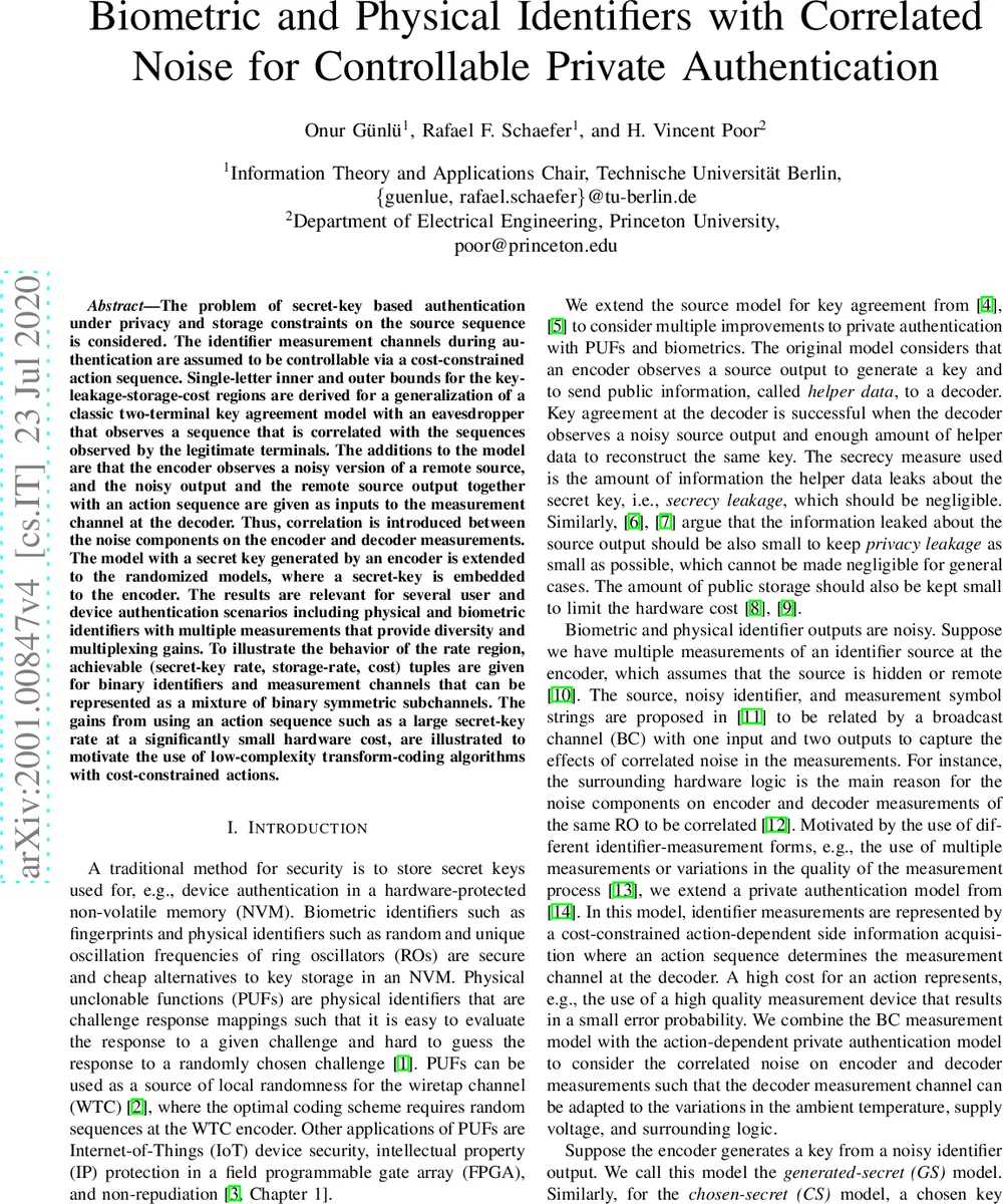 Biometric and Physical Identifiers with Correlated Noise for   Controllable Private Authentication