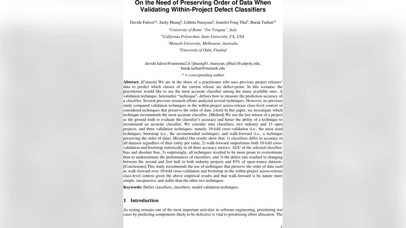 On the Need of Preserving Order of Data When Validating Within-Project   Defect Classifiers