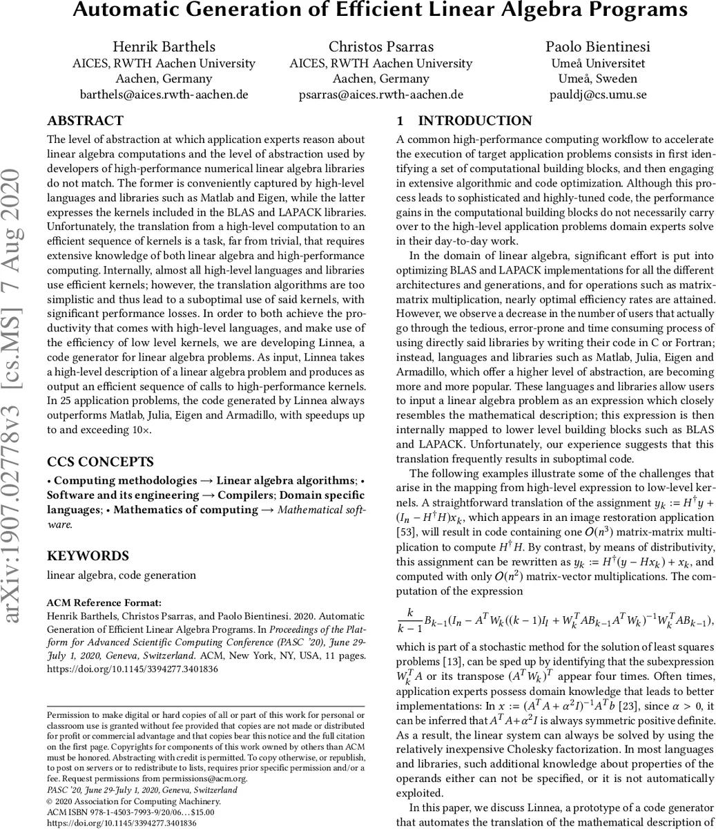 Automatic Generation of Efficient Linear Algebra Programs
