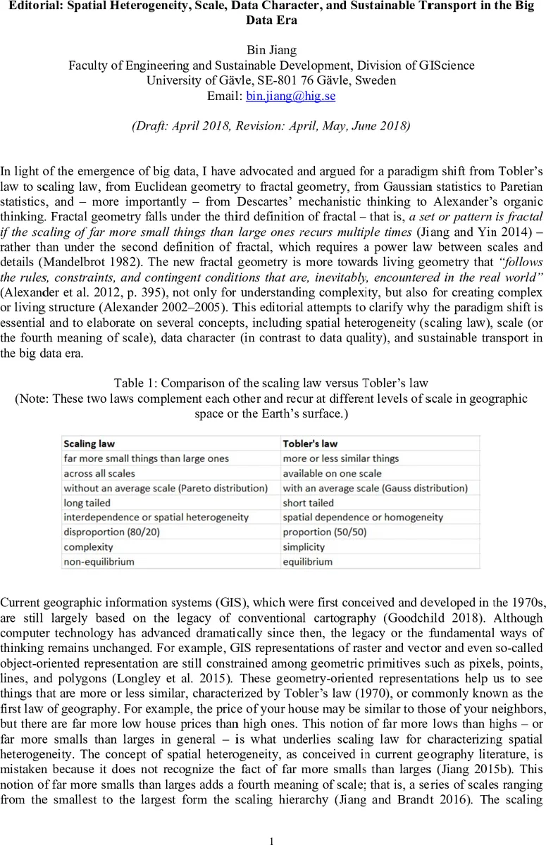 Spatial Heterogeneity, Scale, Data Character, and Sustainable Transport   in the Big Data Era