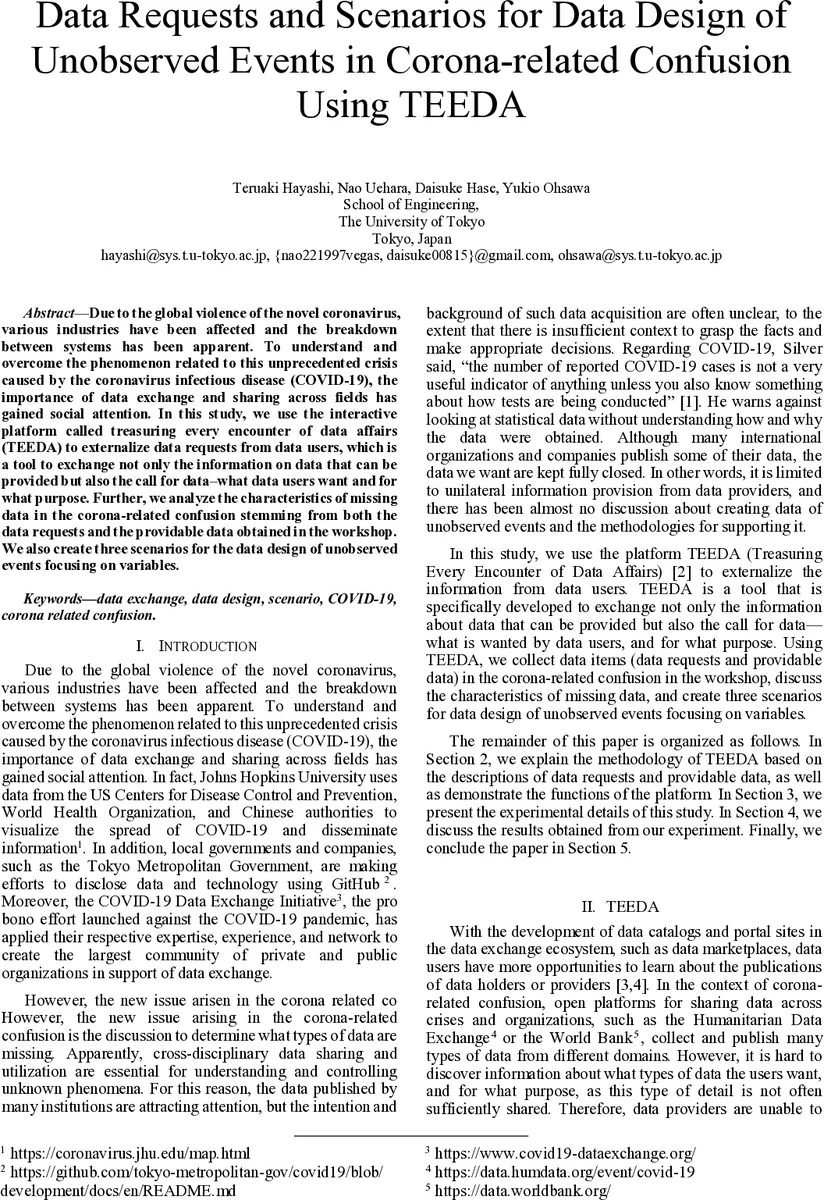 Data Requests and Scenarios for Data Design of Unobserved Events in Corona-related Confusion Using TEEDA