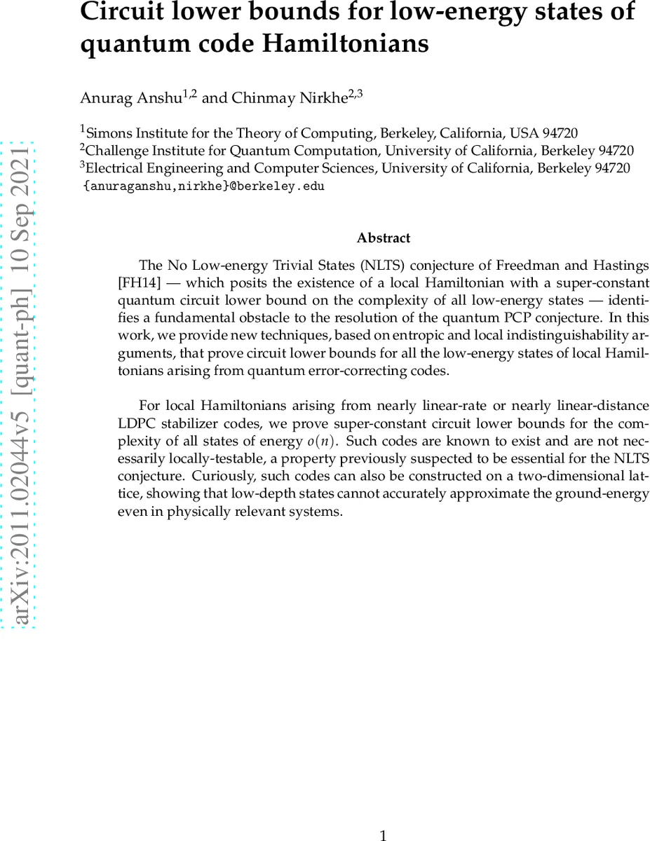 Circuit lower bounds for low-energy states of quantum code Hamiltonians