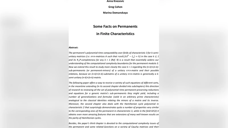 Some facts on Permanents in Finite Characteristics