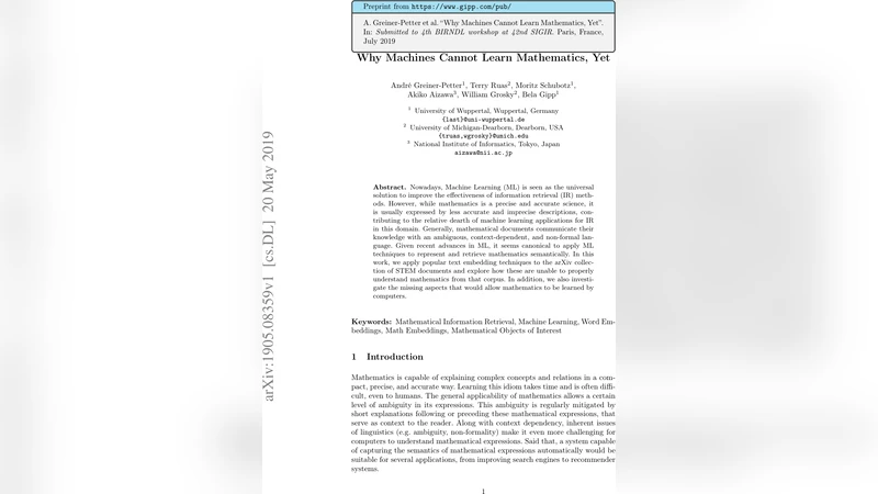 Why Machines Cannot Learn Mathematics, Yet