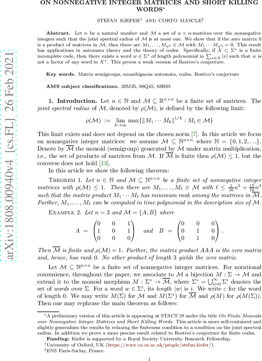 On Nonnegative Integer Matrices and Short Killing Words